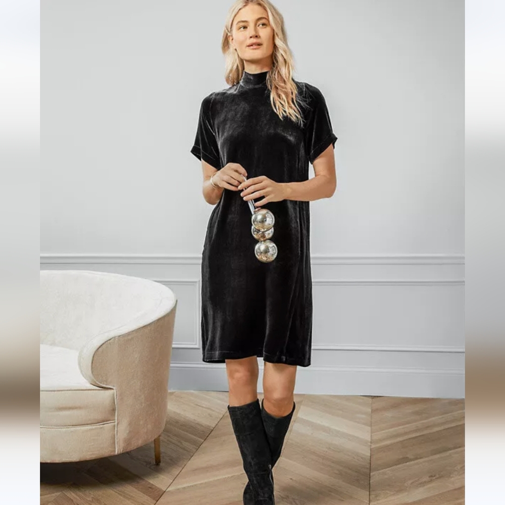 EILEEN FISHER Velvet Mock Neck Velour Tie Back Silk Blend Dress NWT Size…